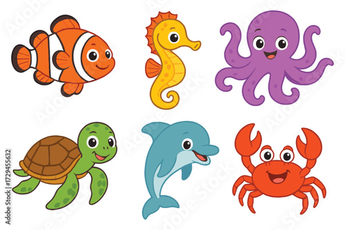 Collection of cute cartoon sea creatures including a clownfish seahorse octopus turtle dolphin and crab