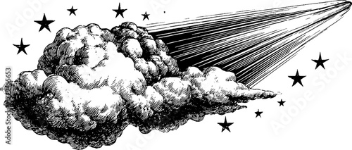 Vintage comet with long tail in starry sky - retro hand drawn engraving for design
