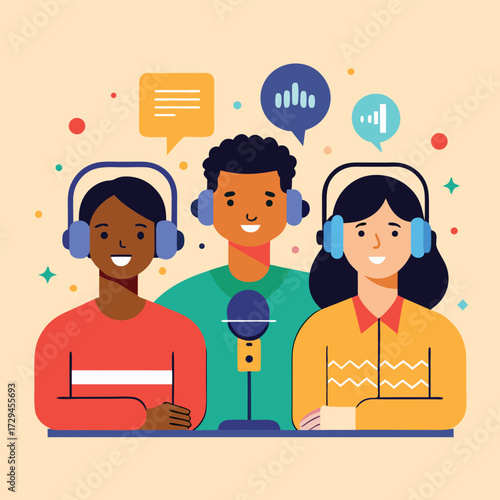Diverse group of three friends wearing headphones and smiling while recording a podcast together with a microphone and speech bubbles