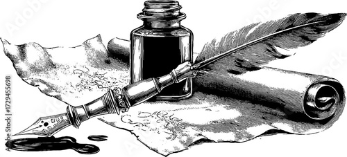 Vintage composition with quill, ink bottle, and scroll - hand drawn engraved illustration for artistic design