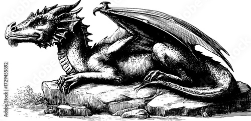 Mythical dragon lion hybrid beast in vintage engraved style for design and decoration