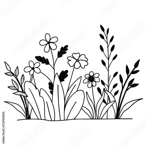 Charming hand drawn doodle style illustration of various bushes and ground plants in a natural setting