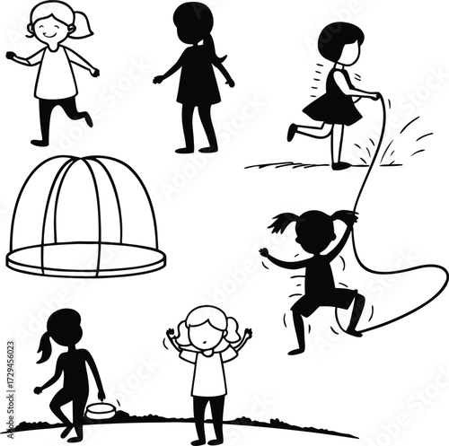 Diverse group of children silhouettes engaged in various playful activities representing childhood joy and outdoor fun