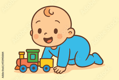 Adorable baby boy in blue onesie crawling and playing with a colorful toy train