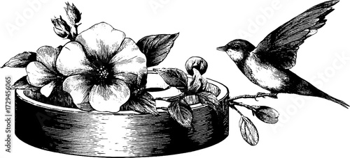 Vintage engraved floral embroidery hoop with perched bird and ornate stitched blossoms.
