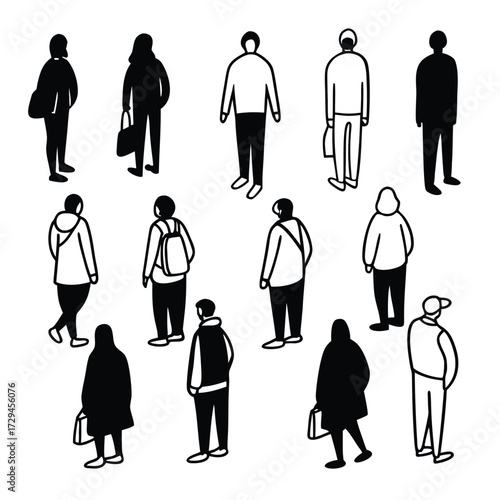 Minimalist cad style silhouettes of standing people for architectural presentations or design projects