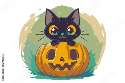 Cute black kitten peeking out of pumpkin, big glowing eyes in the dark, no background