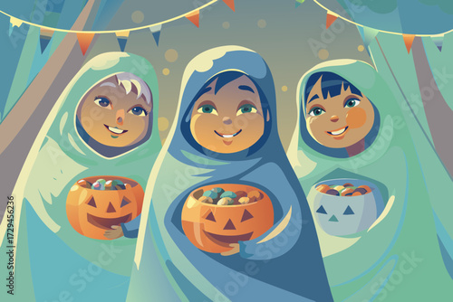 Kids in witch and ghost costumes collecting candies, smiling, yard with garlands