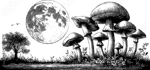 Enchanted fairy circle with mushrooms and moon in vintage style for artistic design