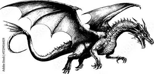 Vintage engraving of a flying serpent dragon silhouette for retro design