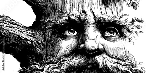 Forest spirit emerging from tree trunk: vintage hand-drawn engraving for nature design
