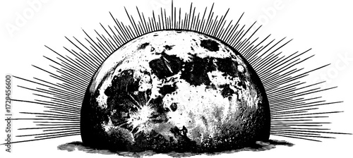 Engraved illustration of full moon with radiant details for celestial art design