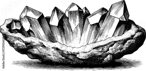 Intricate engraved illustration of geode cross section displaying crystals for art and design
