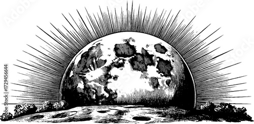 Vintage engraved full moon rising over landscape silhouette for retro design