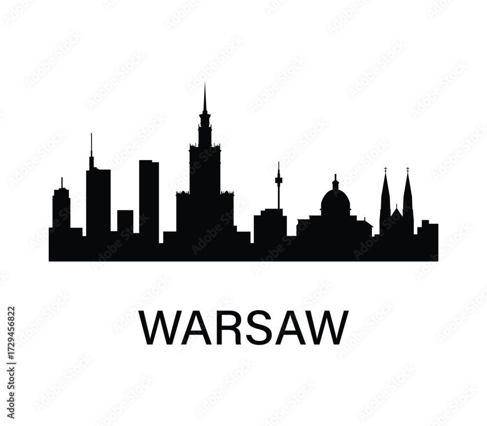 Fototapeta premium Warsaw skyline silhouette with Palace of Culture and Science in vector style.