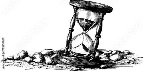 Vintage hourglass engraving with pebbles for retro design and print