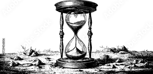 Vintage engraved illustration of hourglass on rocky terrain for timeless design concepts