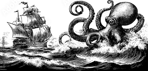 Vintage engraved illustration of kraken attacking sailing ship for nautical adventure design