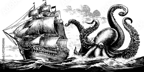 Vintage engraving of kraken sea monster attacking sailing ship - retro nautical adventure scene