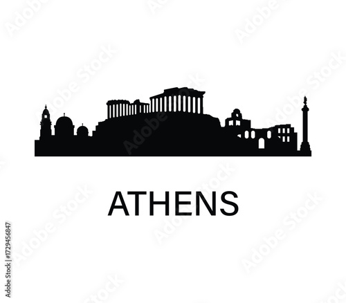 Athens skyline silhouette. Acropolis and ancient ruins. Simple black cityscape for travel, history, infographic, design.