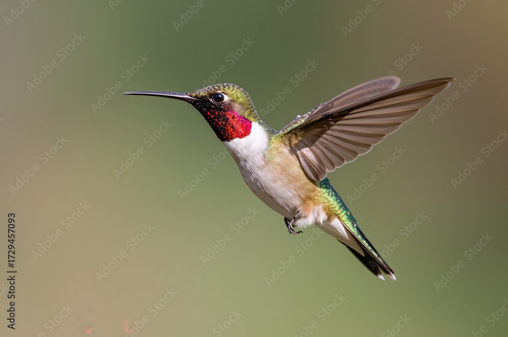 Fototapeta premium Female hummingbird with a ruby-colored throat captured mid-flight, created with AI generative technology