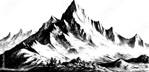 Engraved illustration of mountain relief map for geographical exploration design