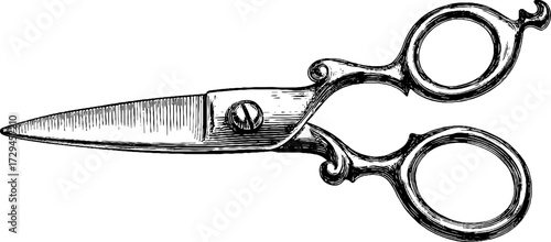 Vintage engraved illustration of open scissors for retro design and decoration