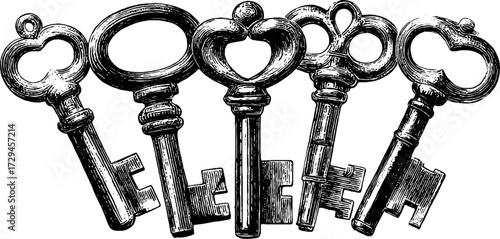 Vintage ornate antique keys engraving for retro design and decor