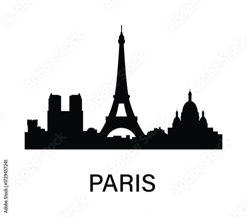 Paris skyline silhouette with Eiffel Tower, Notre Dame, and Sacré Cœur in minimalist vector style.