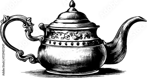 Ornate metal kettle engraving - vintage hand drawn design for decoration and collectibles
