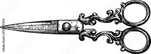 Intricate ornate scissors engraving - vintage hand drawn design for craft and decoration