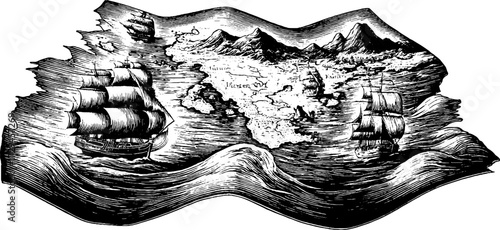 Vintage engraved illustration of partial old world map with ships and mountains
