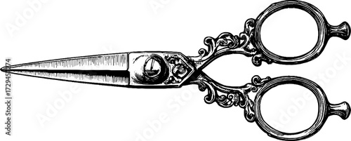 Ornate vintage scissors engraving with detailed hand drawn design for craft projects