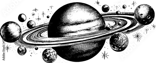 Vintage engraved illustration of planetary system with multiple planets, retro sci-fi design for educational print