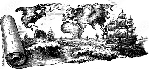 Vintage engraved illustration of old world map with sailing ships - retro nautical design for posters and cards