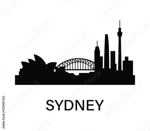 Sydney skyline silhouette with Opera House and Harbour Bridge in flat vector style.