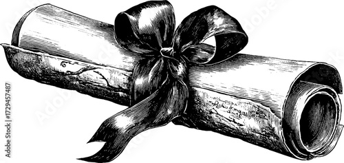 Vintage engraved illustration of rolled parchment scroll with ribbon for retro design