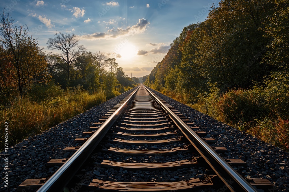 Fototapeta premium Monochrome train tracks under a bright sky, nature scene with trees and open land