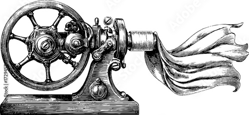 Vintage engraved illustration of a side view spinning wheel for retro design projects