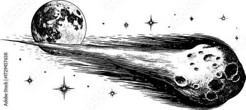 Vintage engraving of a large comet near the moon in retro silhouette style