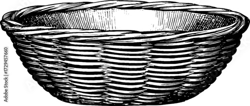 Vintage engraved illustration of a single empty woven basket for retro design