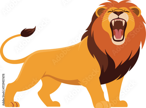 Roaring lion with majestic mane on white background