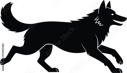 Silhouette of a running dog with a bushy tail