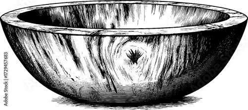 Rustic wooden bowl engraved illustration for vintage design projects