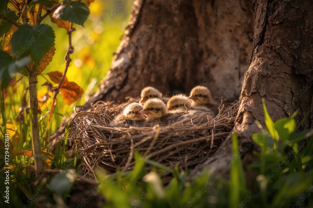 Obraz premium Nestlings of thrush birds in their home