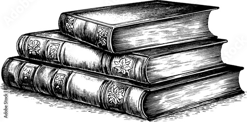 Vintage engraved illustration of stacked antique books for retro design projects