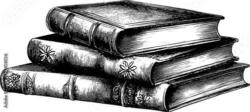 Vintage engraved illustration of three antique books perfect for retro design projects