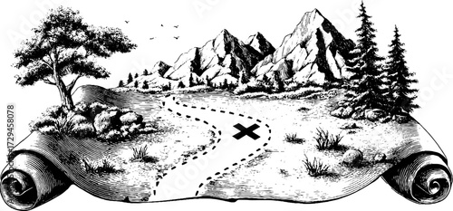 Vintage treasure map with dotted path and mountains for adventure design