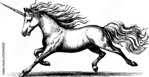 Vintage engraved illustration of a galloping unicorn with flowing mane for retro design