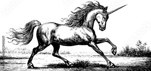 Majestic unicorn galloping in vintage engraved style for retro design